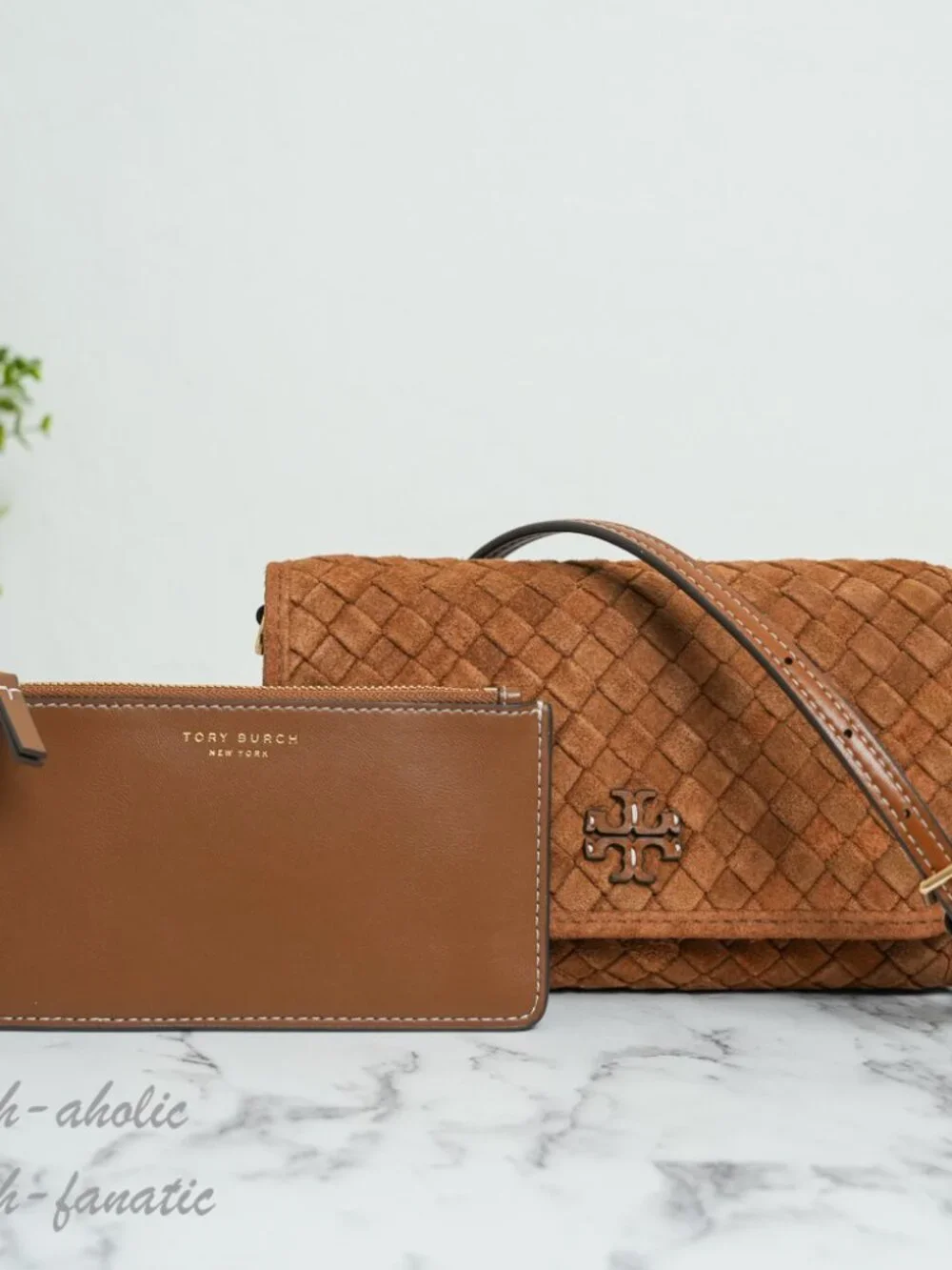 Tory Burch Thea Woven Suede Flat Wallet Crossbody in Chicory Brown NWT